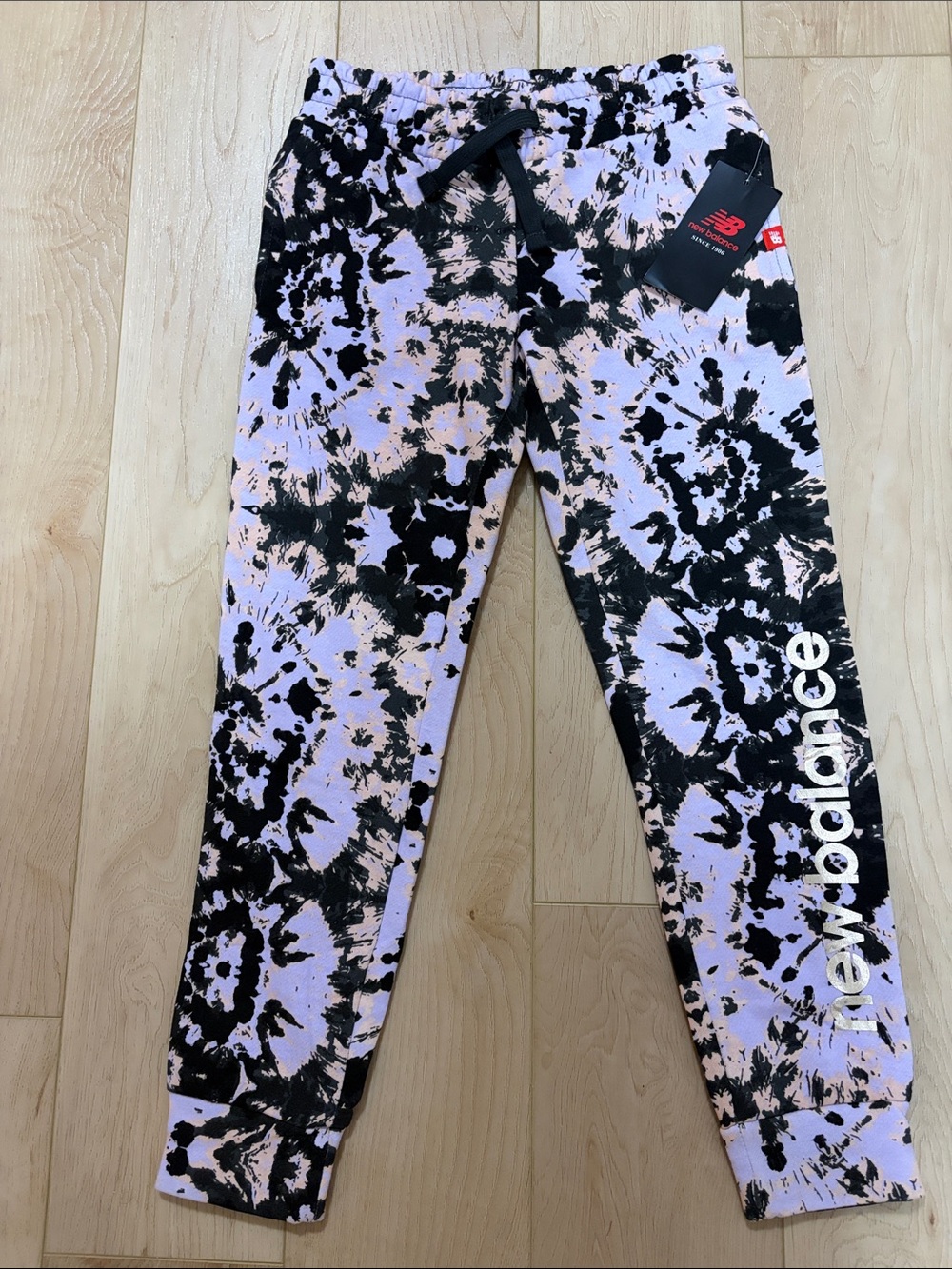 New Balance Splatter Print Track Pants with Gold Accents, sz S (7/8)